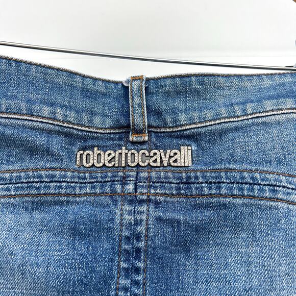 Vintage Roberto Cavalli Y2K Micro Mini Jean Denim Skirt Rhinestone Large - Picture 4 of 12